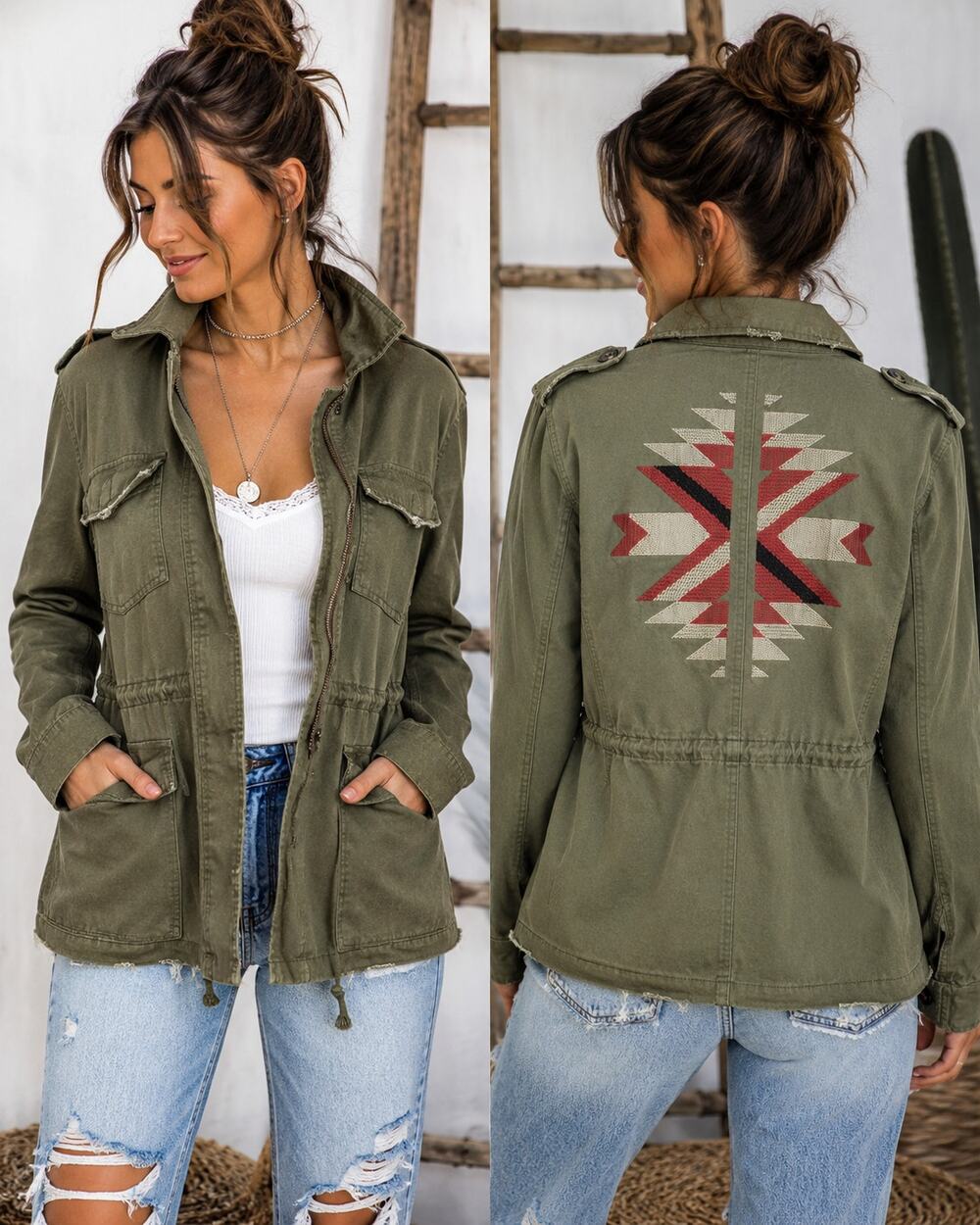 Blu Pepper Utility Military Jacket L Green Embroidered Distressed 100% Cotton